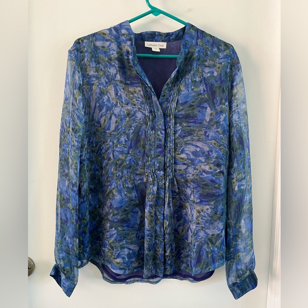 ColdWater Creek Blue/green sheer blouse Large 14